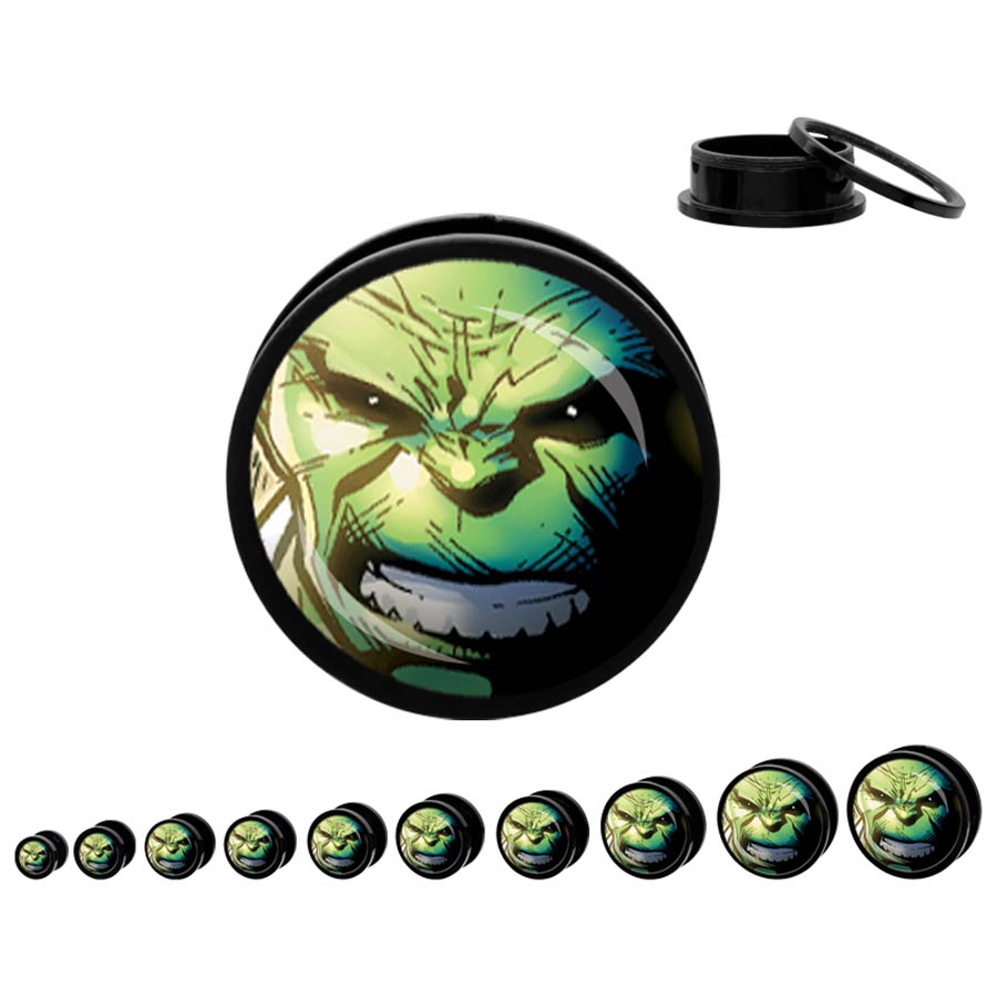 Marvel Comics Black Acrylic Screw Fit Plugs - Hulk Face 00G
