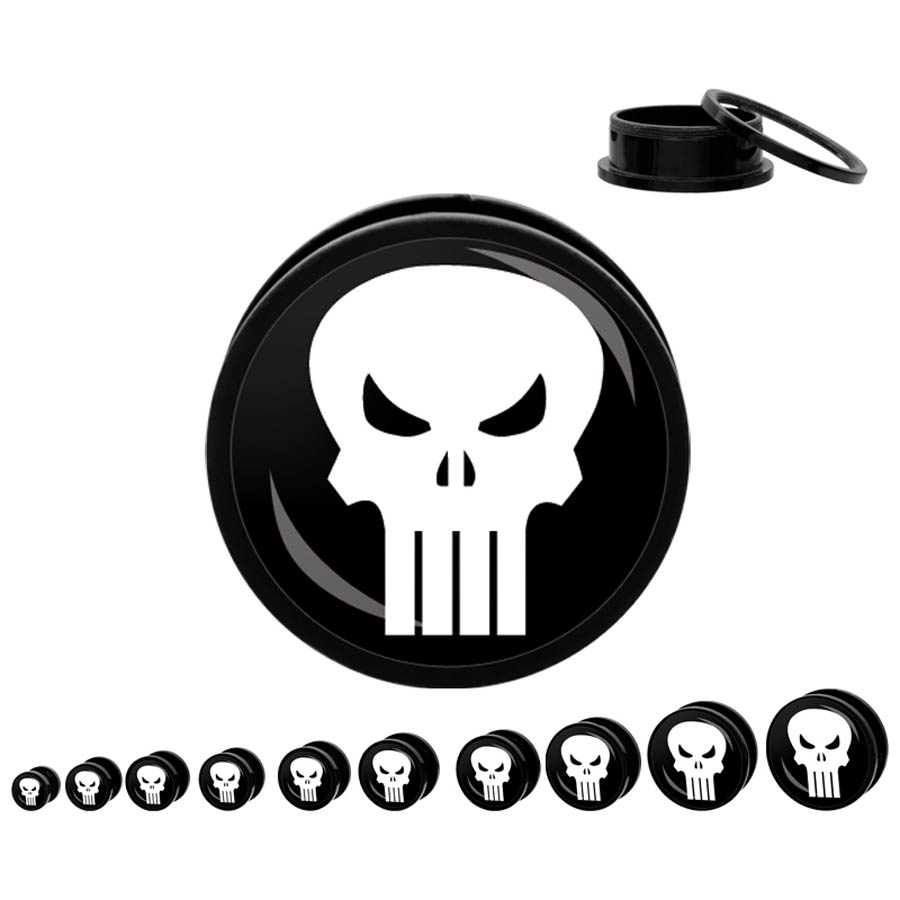 Marvel Comics Black Acrylic Screw Fit Plugs - Punisher Logo 00G