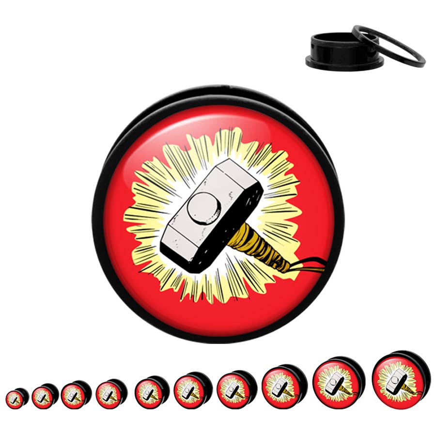 Marvel Comics Black Acrylic Screw Fit Plugs - Thor Hammer 0G