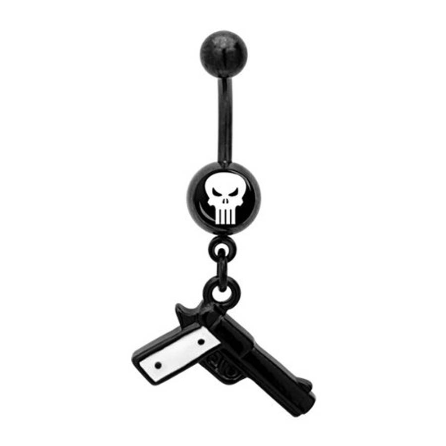 Marvel Comics Black Stainless Steel Belly Ring - Punisher Dangle Gun 14G