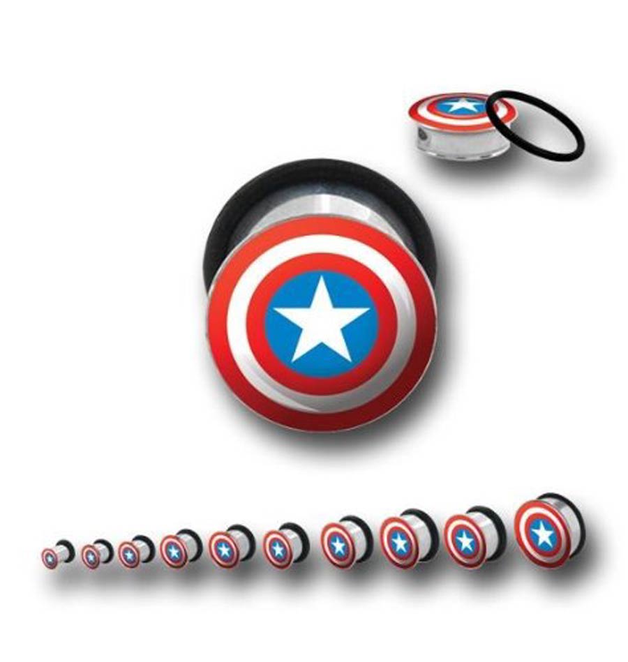 Marvel Comics Stainless Steel Single Flare Plugs - Captain America Logo 00G
