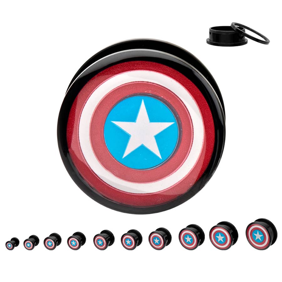 Marvel Comics Black Acrylic Screw Fit Plugs - Captain America Logo 1/2-Inch