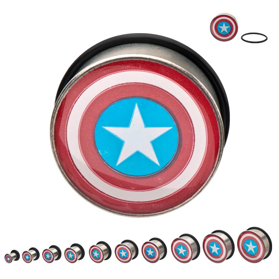 Marvel Comics Stainles Steel Single Flare Plugs - Captain America Logo 1/2-Inch