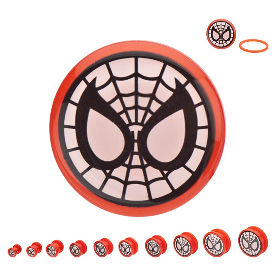 Marvel Comics Red Acrylic Screw Fit Plugs - Spider-Man Grey Face 1/2-Inch