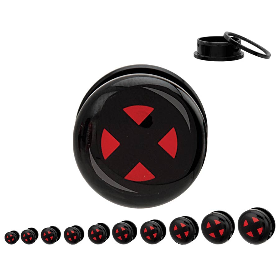 Marvel Comic Black Acrylic Screw Fit Plugs - X-Men Logo 1/2-Inch