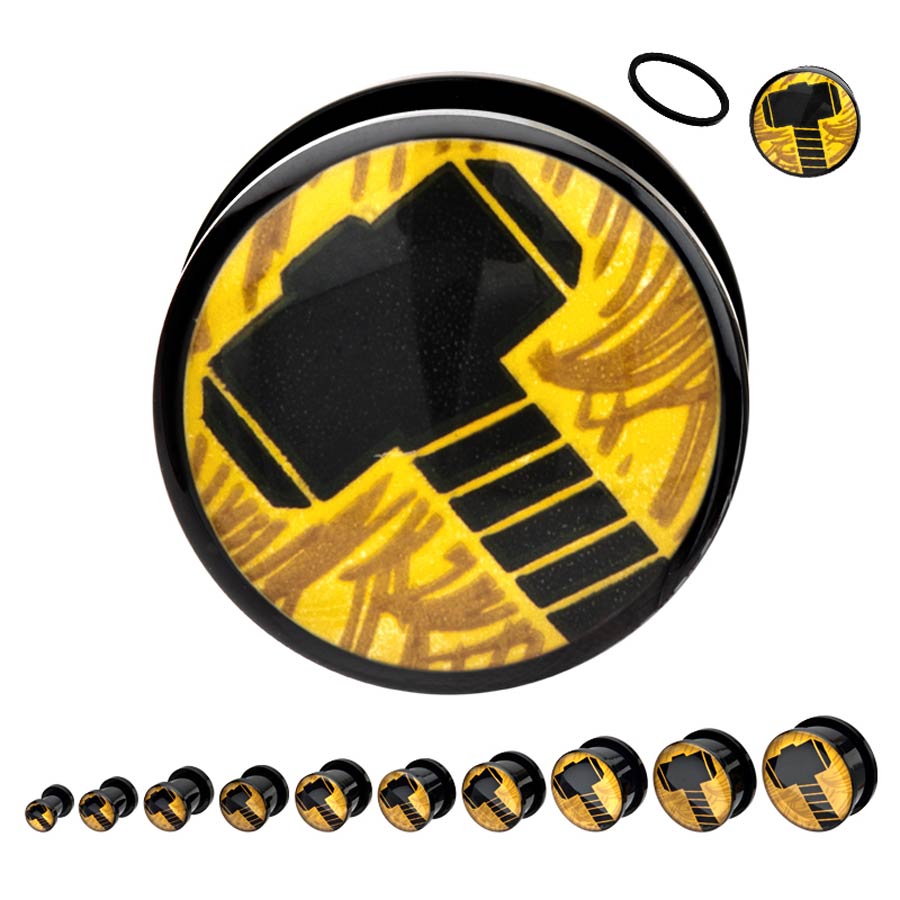 Marvel Comics Black Acrylic Screw Fit Plugs - Thor Hammer Logo 1/2-Inch