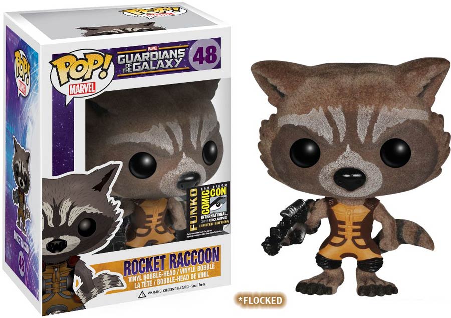 POP Marvel 48 Guardians Of The Galaxy Rocket Raccoon Flocked SDCC 2014 Exclusive Vinyl Bobble Head