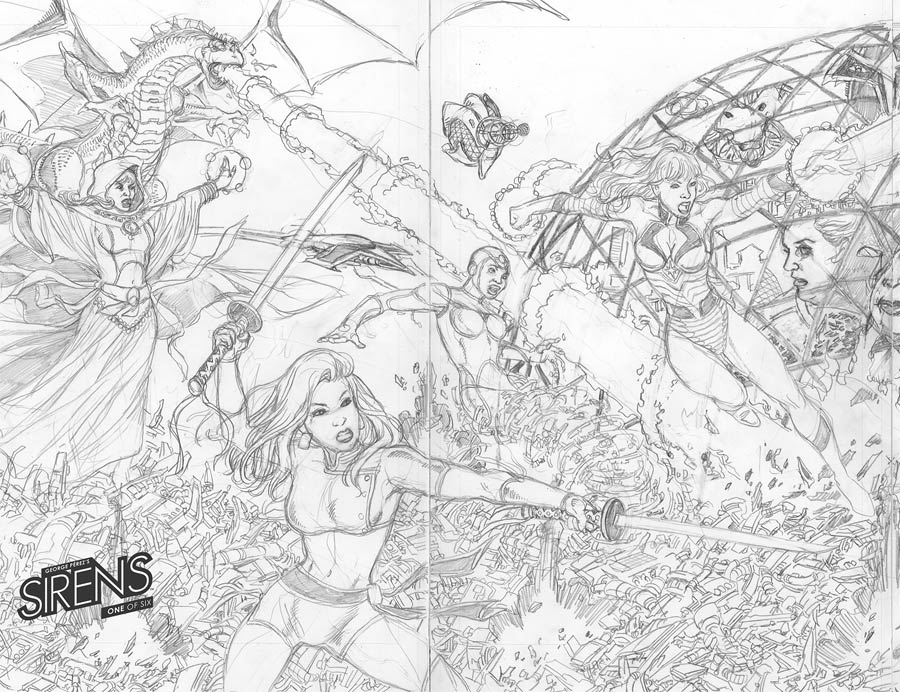 George Perezs Sirens #1 Cover E Incentive George Perez Wraparound Left Virgin Sketch Variant Cover