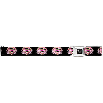 DC Comics Seatbelt-Style Belt 24-38 Inches - Supergirl Flower Symbol Pink On Black