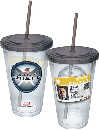 Marvel Comics Cup With Straw - Agents Of SHIELD Agent Coulson Badge