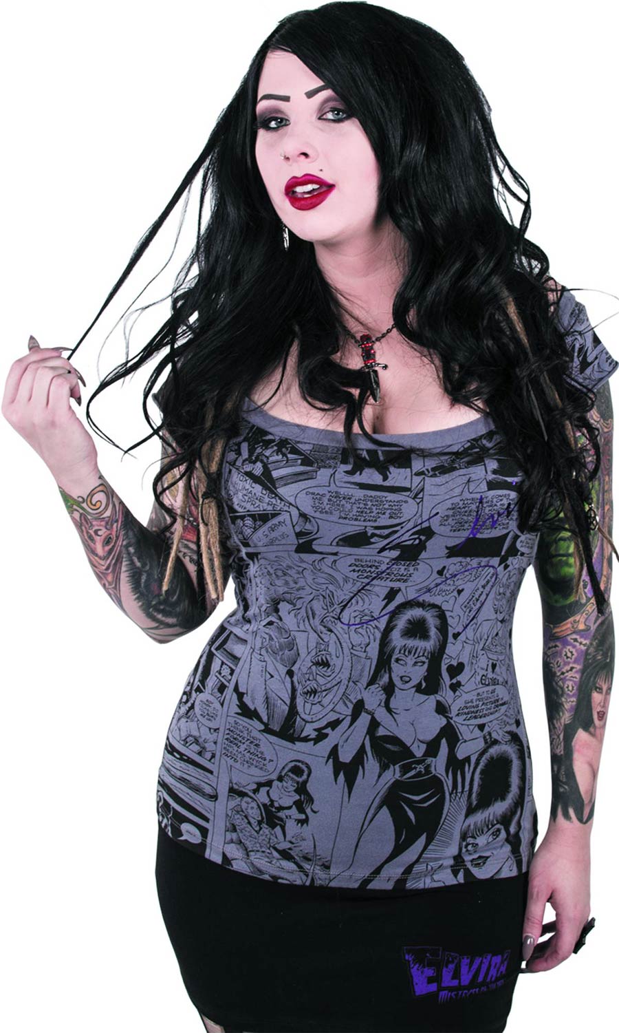 Elvira Comic Strip Off Shoulder T-Shirt Large