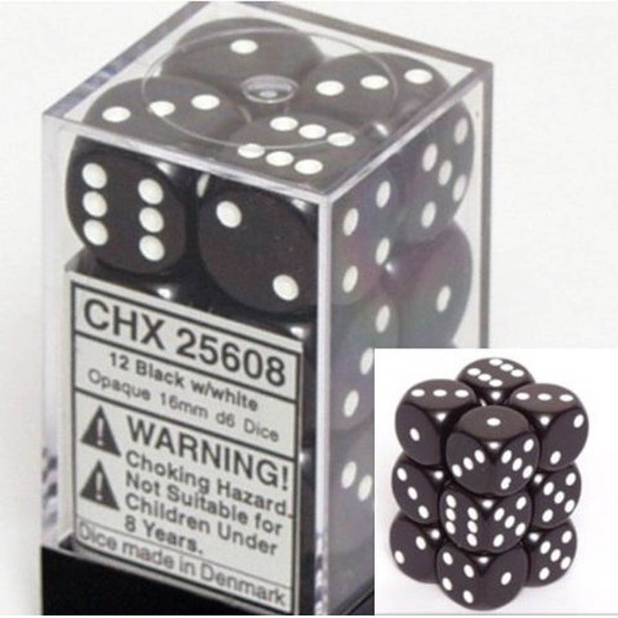 Opaque 16mm d6 Black/White Dice Block (12 Dice)
