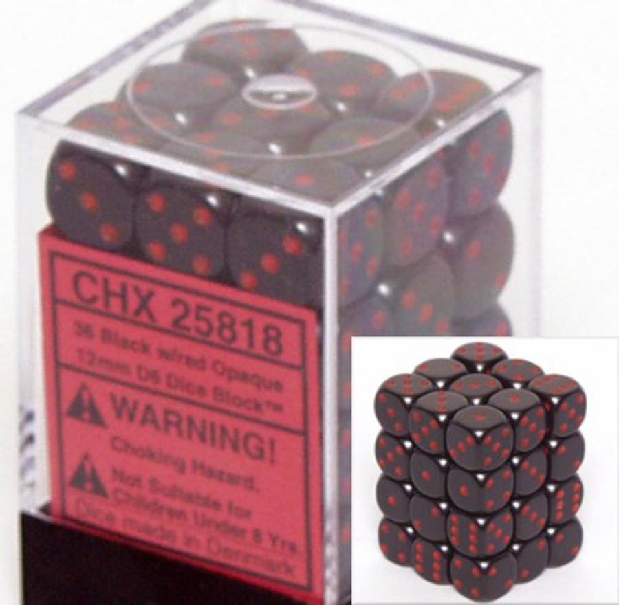 Opaque 12mm d6 Black/Red Dice Block (36 Dice)
