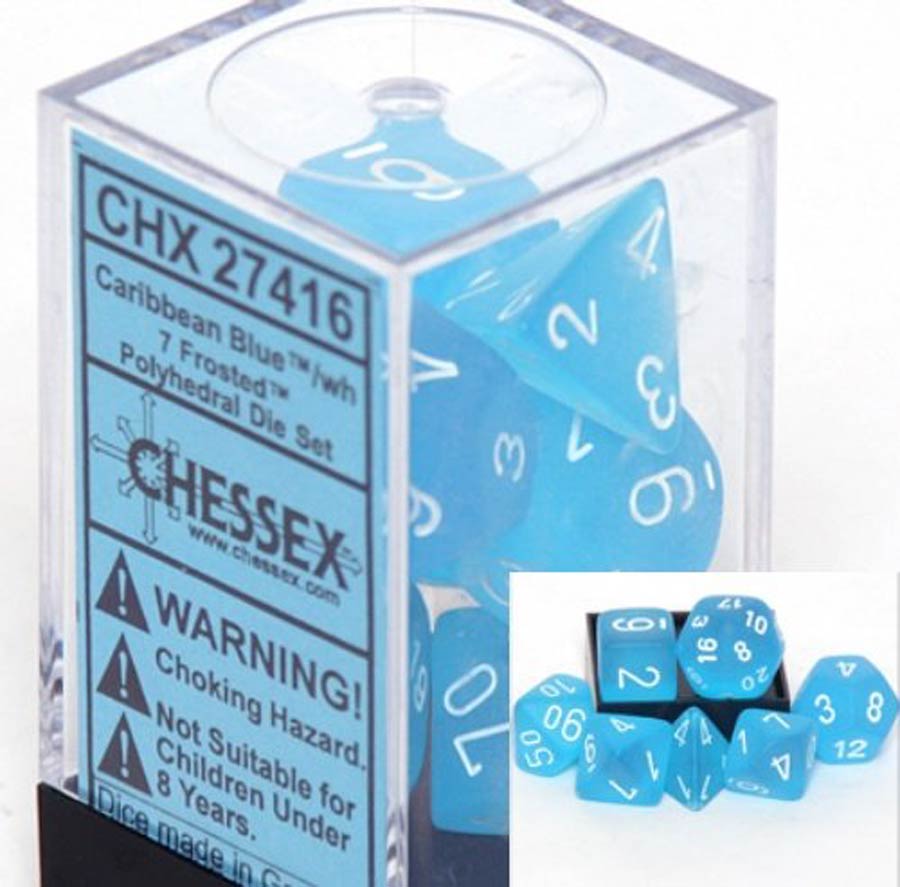Frosted Polyhedral Caribbean Blue/White 7-Die Set