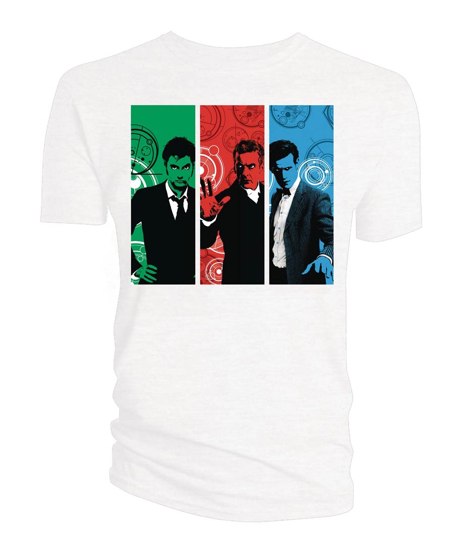 Doctor Who Red Green Blue Doctors Previews Exclusive White T-Shirt Large