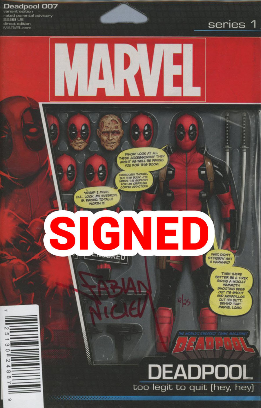 Deadpool Vol 5 #7 Cover I DF Action Figure Variant Cover Blood Red Signature Series Signed By Fabian Nicieza