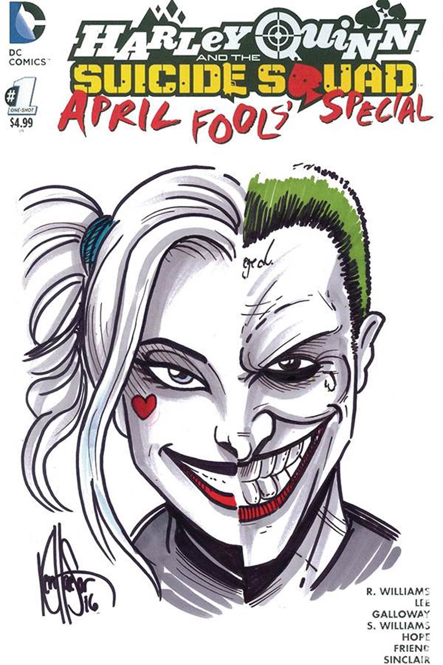 Harley Quinn And The Suicide Squad April Fools Special #1 Cover K DF Signed & Remarked With A Harley Quinn & Joker Split Color Sketch By Ken Haeser