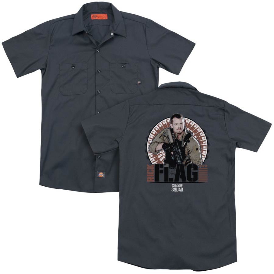 Suicide Squad Movie Rick Flagg Bullets (Back Print) Mens Charcoal Work Shirt Medium