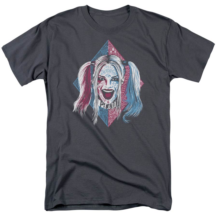 Suicide Squad Movie Puddin Portrait Adult 18/1 Charcoal Short Sleeve T-Shirt XXXX-Large