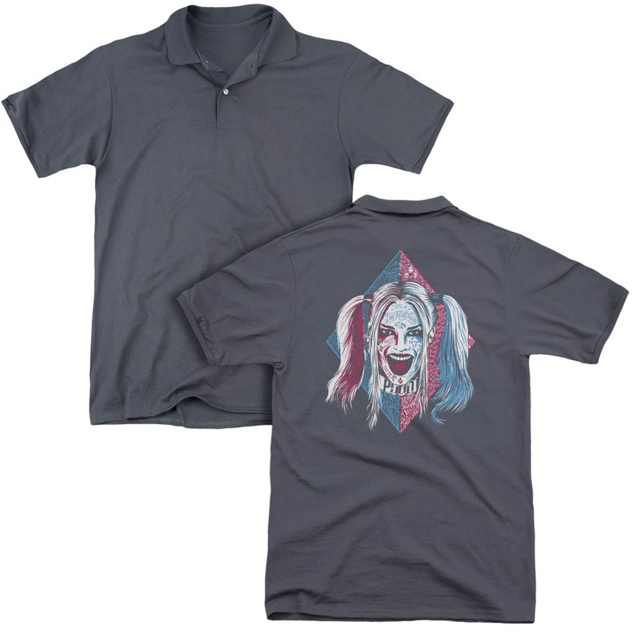 Suicide Squad Movie Puddin Portrait (Back Print) Mens Regular Fit Charcoal Polo T-Shirt XXX-Large