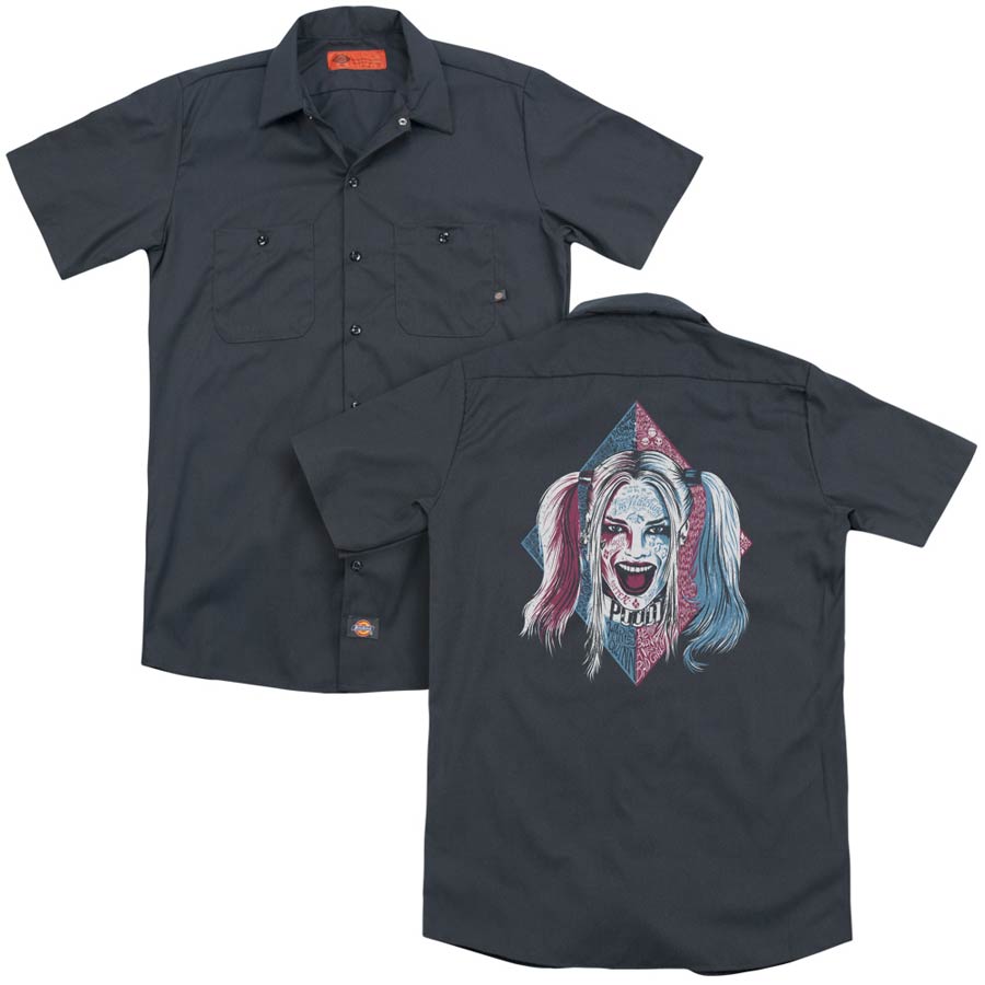 Suicide Squad Movie Puddin Portrait (Back Print) Adult Charcoal Button-Down Work T-Shirt Large