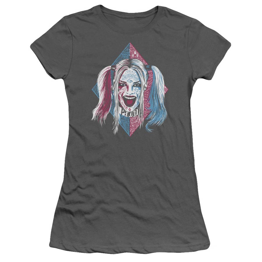 Suicide Squad Movie Puddin Portrait Premium Bella Junior Sheer Jersey Charcoal T-Shirt Large