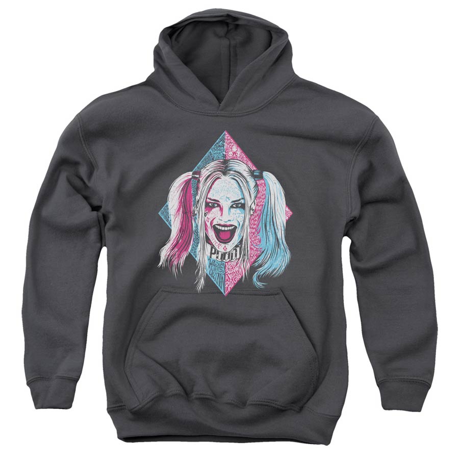 Suicide Squad Movie Puddin Portrait Youth Pull-Over Charcoal Hoodie Medium