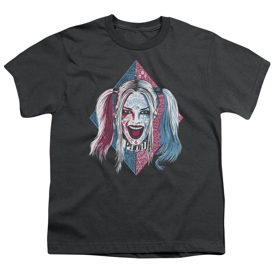 Suicide Squad Movie Puddin Portrait Short Sleeve Youth 18/1 Charcoal T-Shirt Large