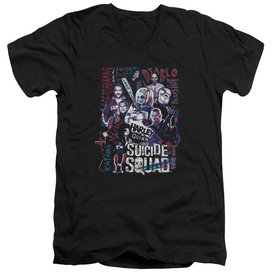 Suicide Squad Movie The Squad Adult V-Neck 30/1 Black Short Sleeve T-Shirt Large