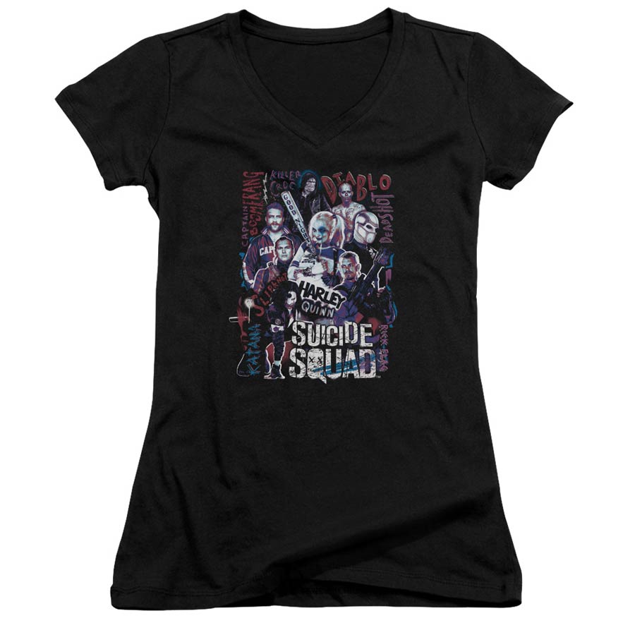 Suicide Squad Movie The Squad Junior V-Neck Black T-Shirt Large