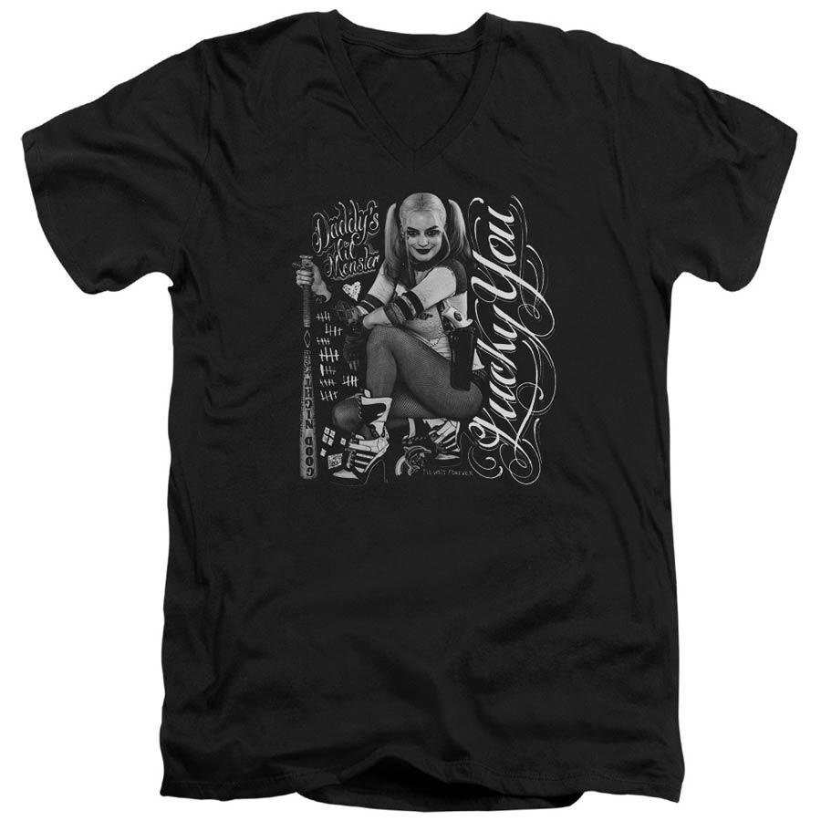 Suicide Squad Movie Lucky Adult V-Neck 30/1 Black Short Sleeve T-Shirt Large