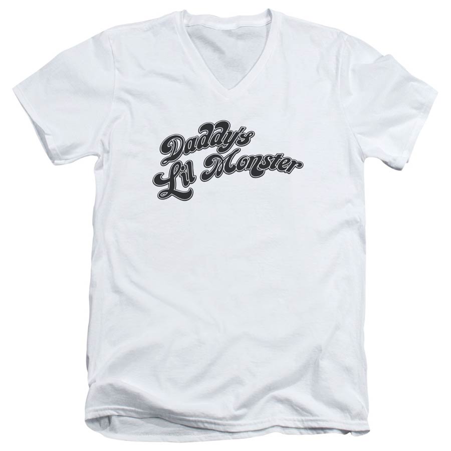 Suicide Squad Movie Daddys Lil Monster Adult V-Neck 30/1 White Short Sleeve T-Shirt Large