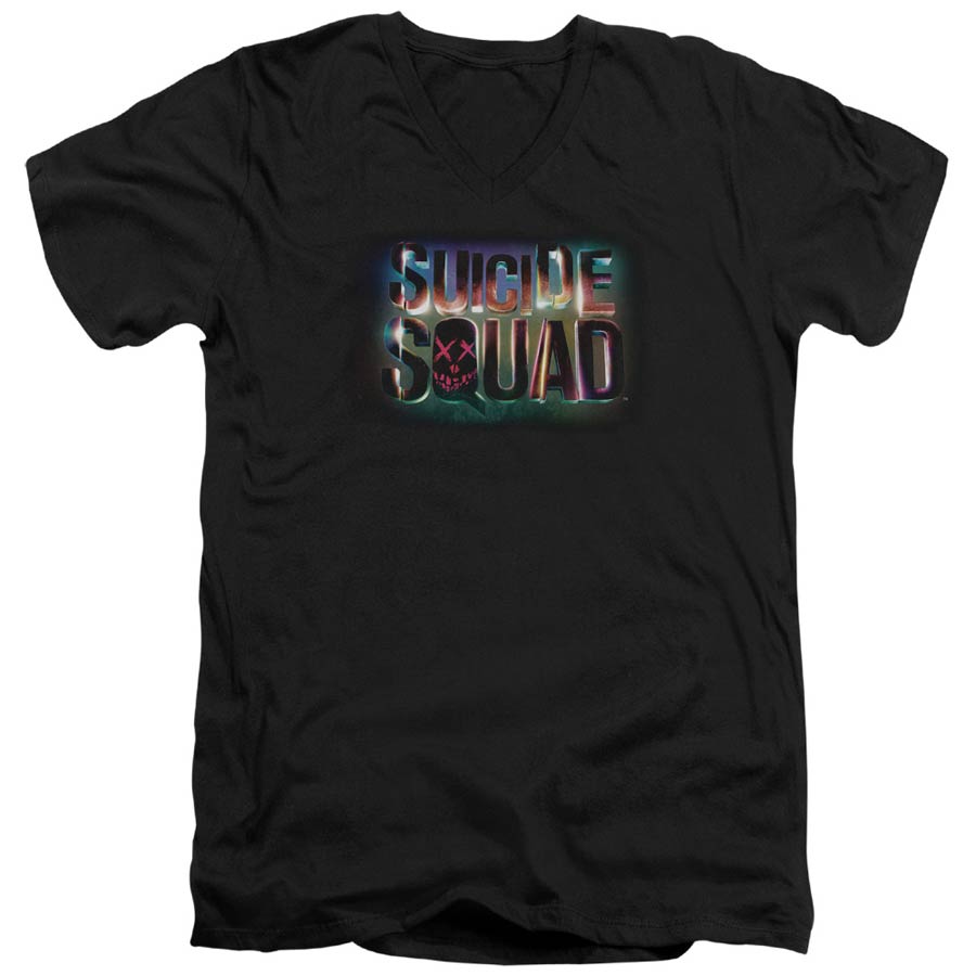 Suicide Squad Movie Neon Logo Adult V-Neck 30/1 Black Short Sleeve T-Shirt Large