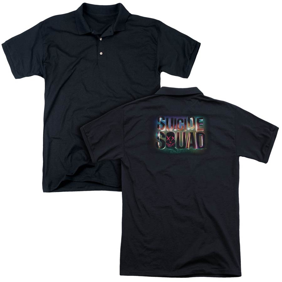 Suicide Squad Movie Neon Logo (Back Print) Mens Regular Fit Black Polo T-Shirt XXX-Large