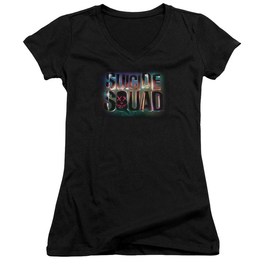 Suicide Squad Movie Neon Logo Junior V-Neck Black T-Shirt Large