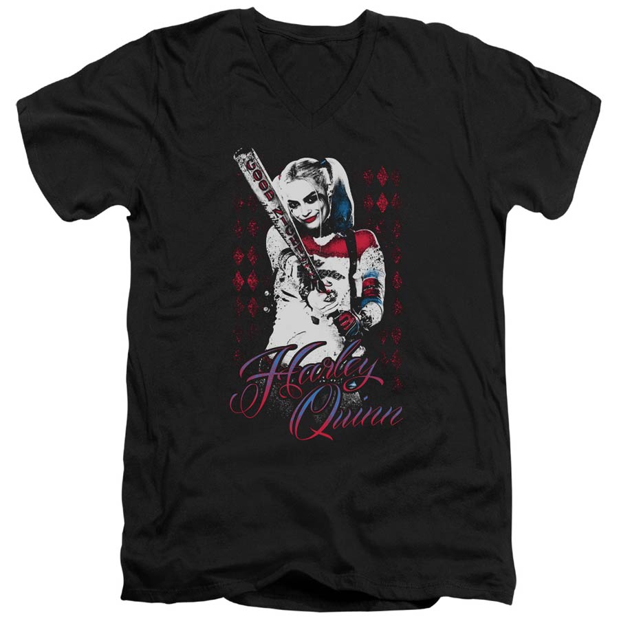 Suicide Squad Movie Harleys Bat Adult V-Neck 30/1 Black Short Sleeve T-Shirt Large