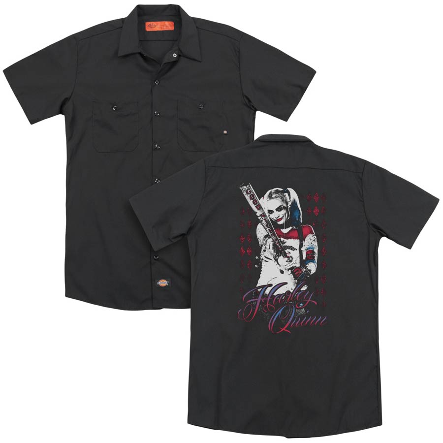 Suicide Squad Movie Harleys Bat (Back Print) Adult Black Button-Down Work T-Shirt Large