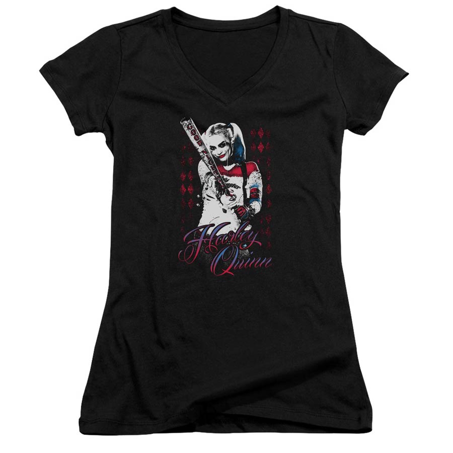 Suicide Squad Movie Harleys Bat Junior V-Neck Black T-Shirt Large