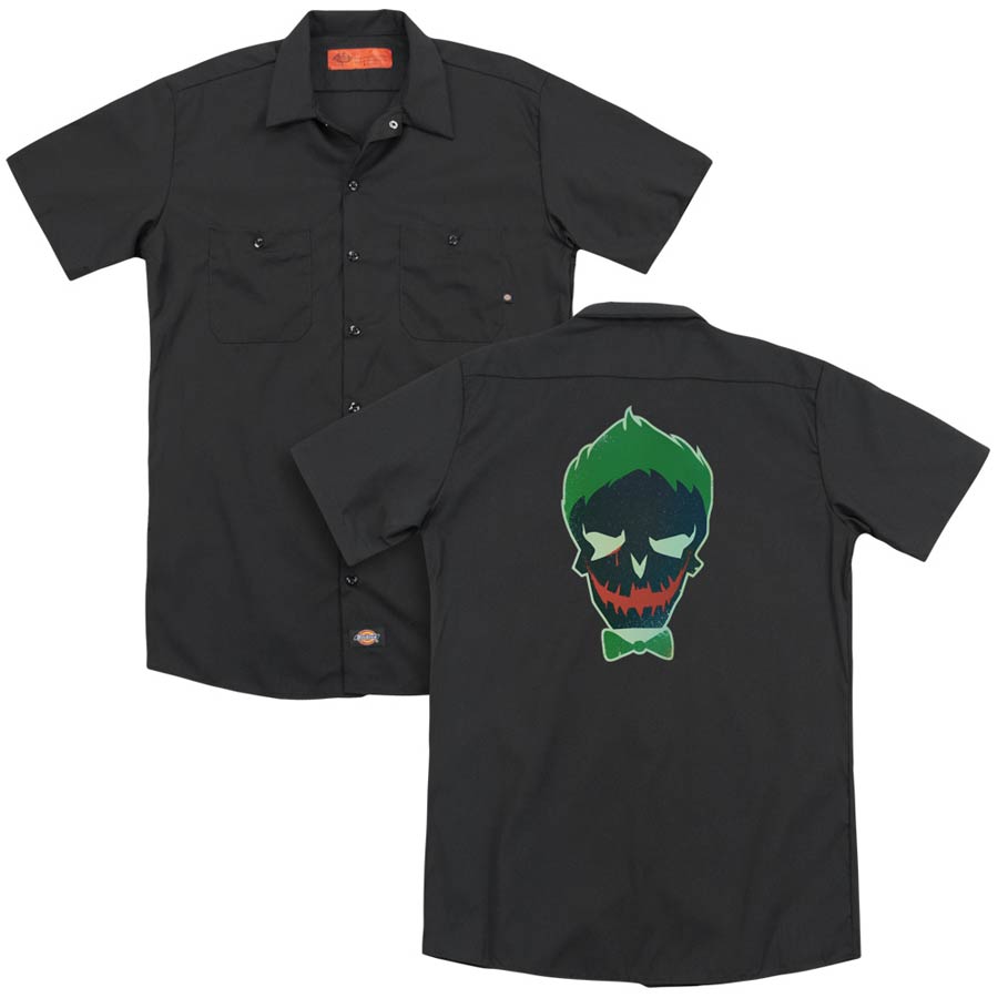 Suicide Squad Movie Joker Skull (Back Print) Adult Black Button-Down Work T-Shirt Large