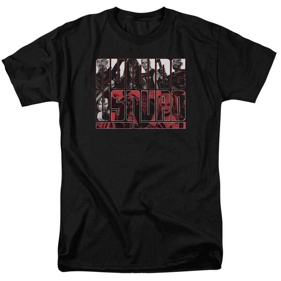 Suicide Squad Movie Black T-Shirt And White And Red All Over Adult 18/1 Black Short Sleeve T-Shirt Large