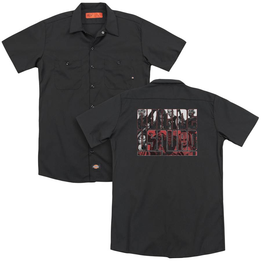 Suicide Squad Movie Black T-Shirt And White And Red All Over (Back Print) Adult Black Button-Down Work T-Shirt XXX-Large