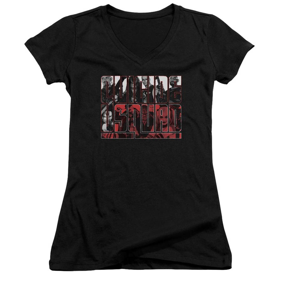Suicide Squad Movie Black And White And Red All Over Junior V-Neck Black T-Shirt Large