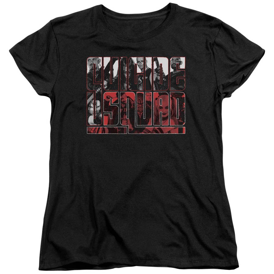 Suicide Squad Movie Black And White And Red All Over Womens Black Short Sleeve T-Shirt Large