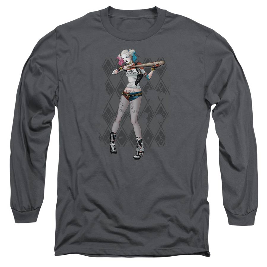 Suicide Squad Movie Harley Argyle Adult 18/1 Charcoal Shirt Long Sleeve Shirt Small