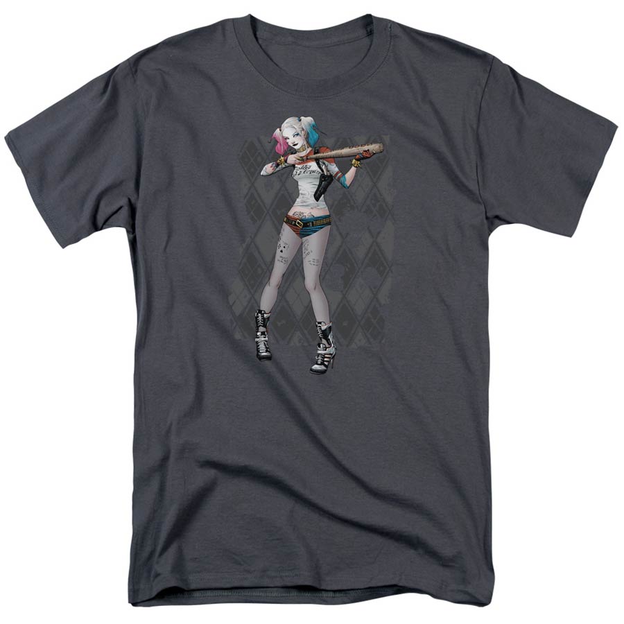 Suicide Squad Movie Harley Argyle Adult 18/1 Charcoal T-Shirt Short Sleeve T-Shirt XXXX-Large