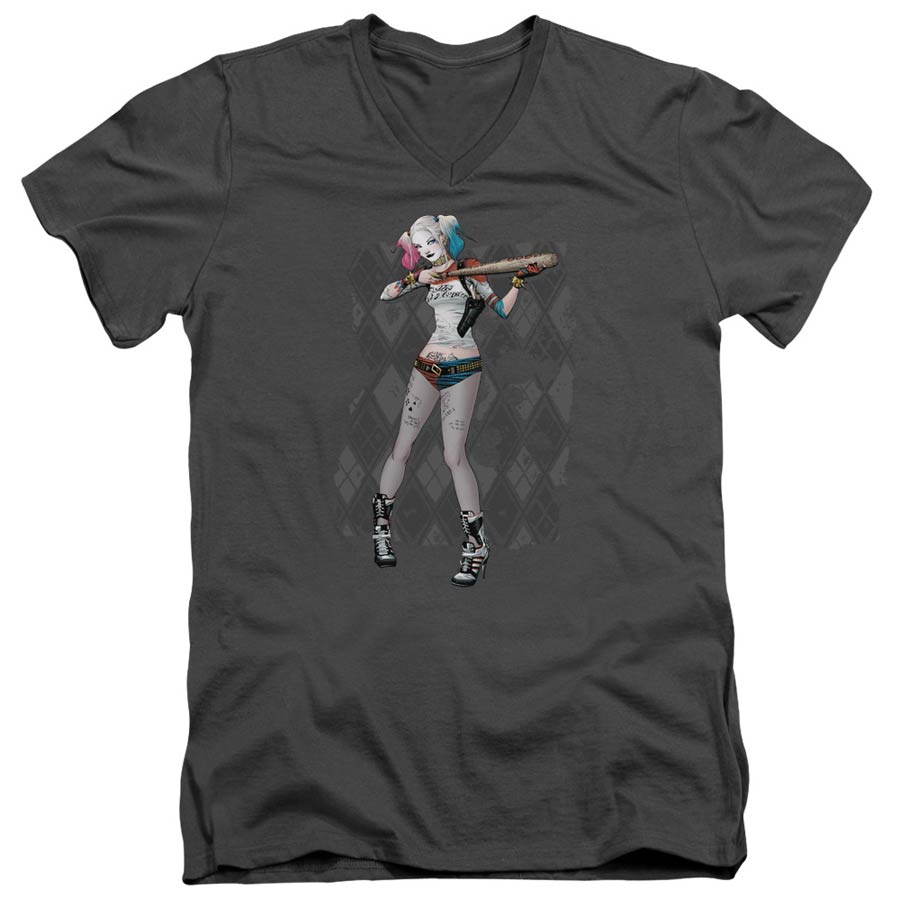 Suicide Squad Movie Harley Argyle Adult V-Neck 30/1 Charcoal T-Shirt Short Sleeve T-Shirt Large