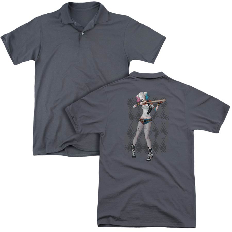 Suicide Squad Movie Harley Argyle (Back Print) Mens Regular Fit Charcoal Polo T-Shirt XXX-Large