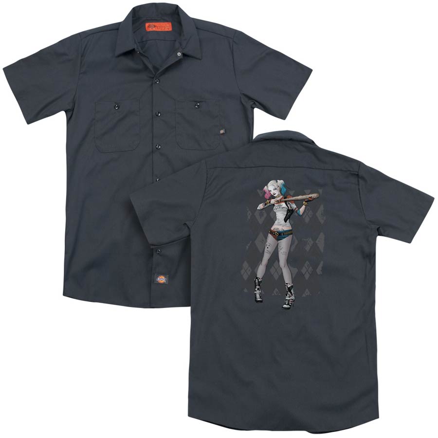 Suicide Squad Movie Harley Argyle (Back Print) Adult Charcoal Button-Down Work T-Shirt XXX-Large