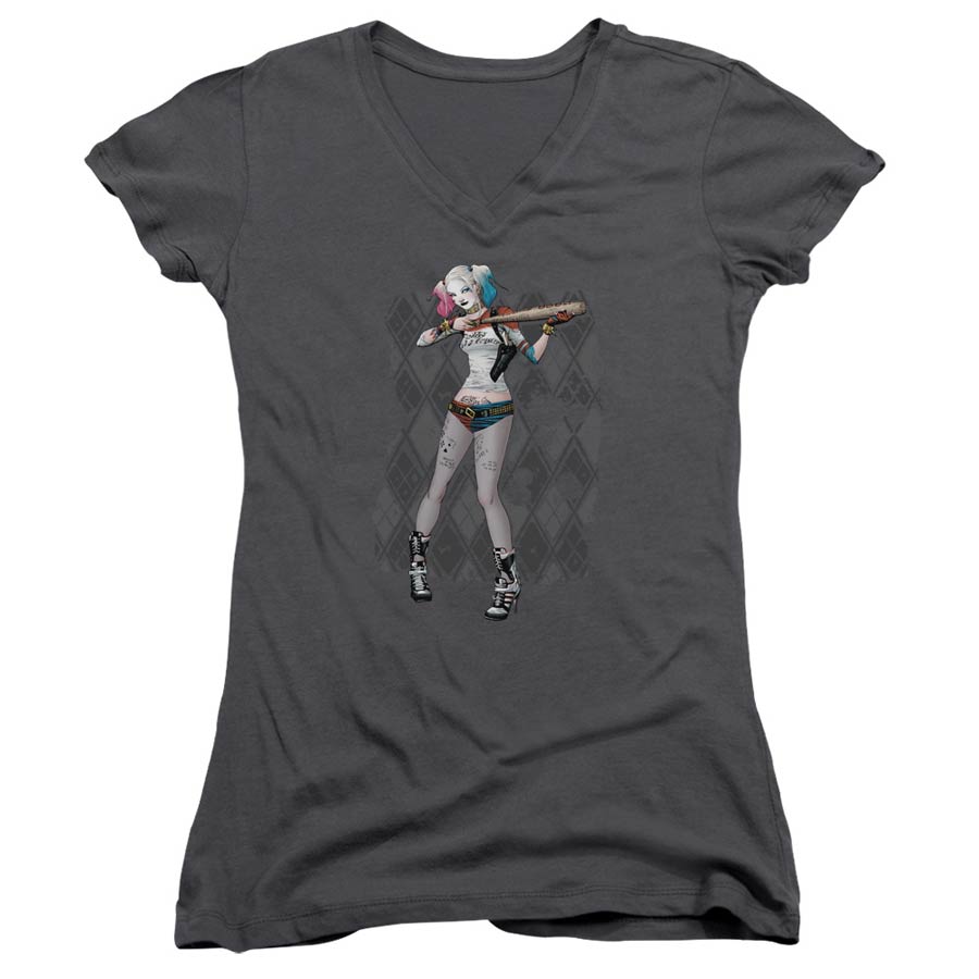 Suicide Squad Movie Harley Argyle Junior V-Neck Charcoal T-Shirt Large
