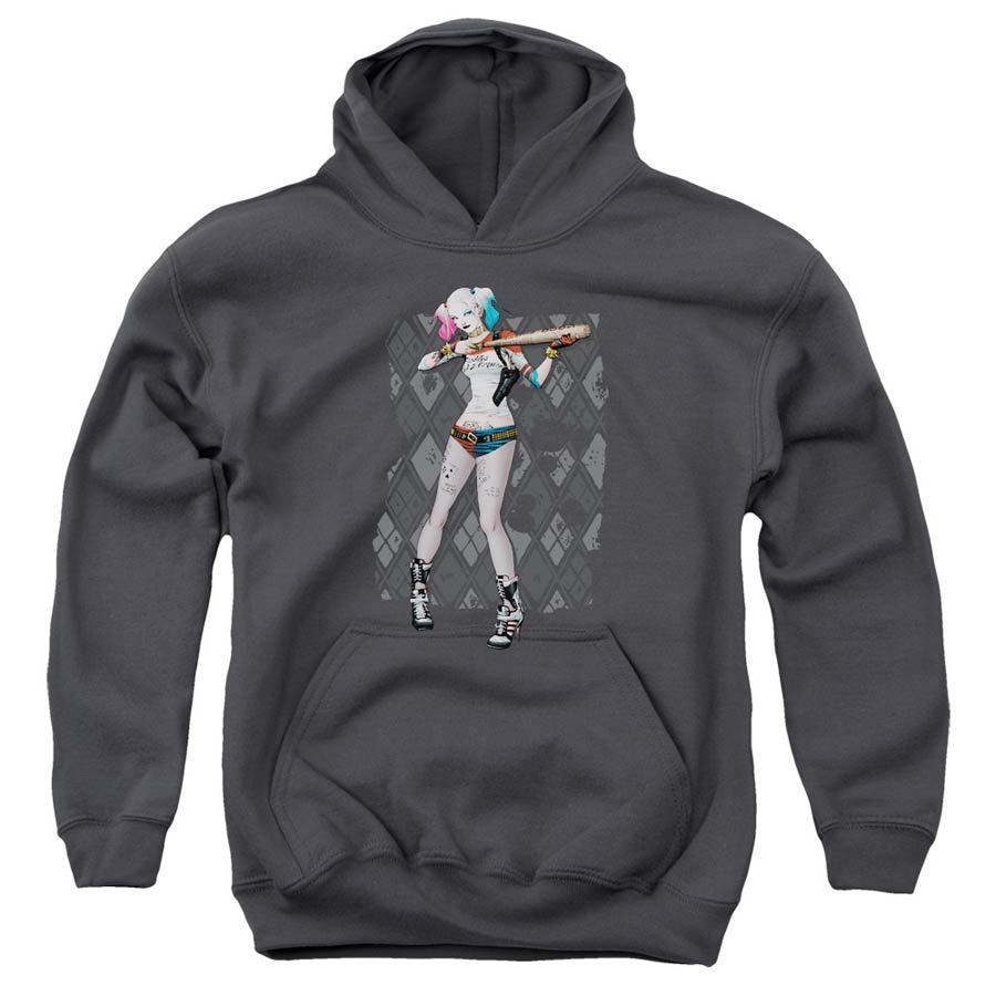 Suicide Squad Movie Harley Argyle Youth Pull-Over Charcoal Hoodie Small